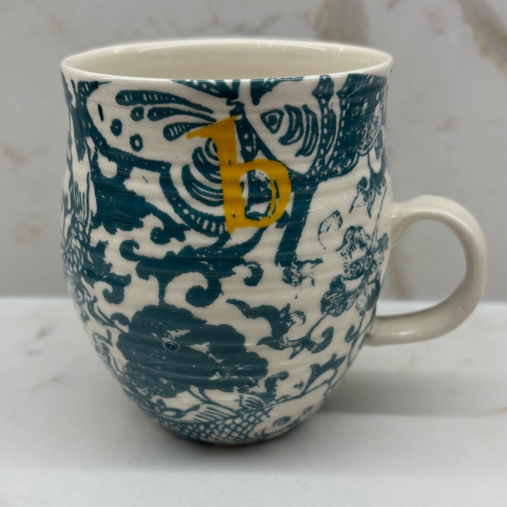 Discontinued Anthropologie Homegrown Teal Floral Koi Monogram Letter B Mug